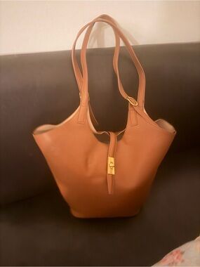 Classic Tan Leather Tote Bag with Gold Hardware